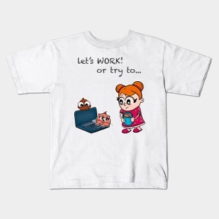 Lovely girl trying to work around her cute cat and bird Kids T-Shirt